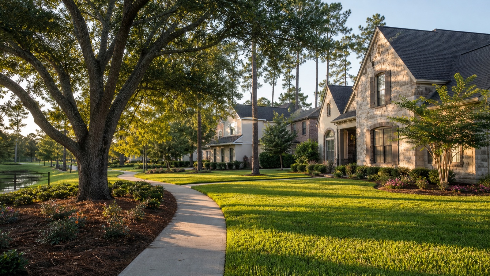 Illustrative Tomball community scene with mature trees, a walking path, and neighborhood homes.