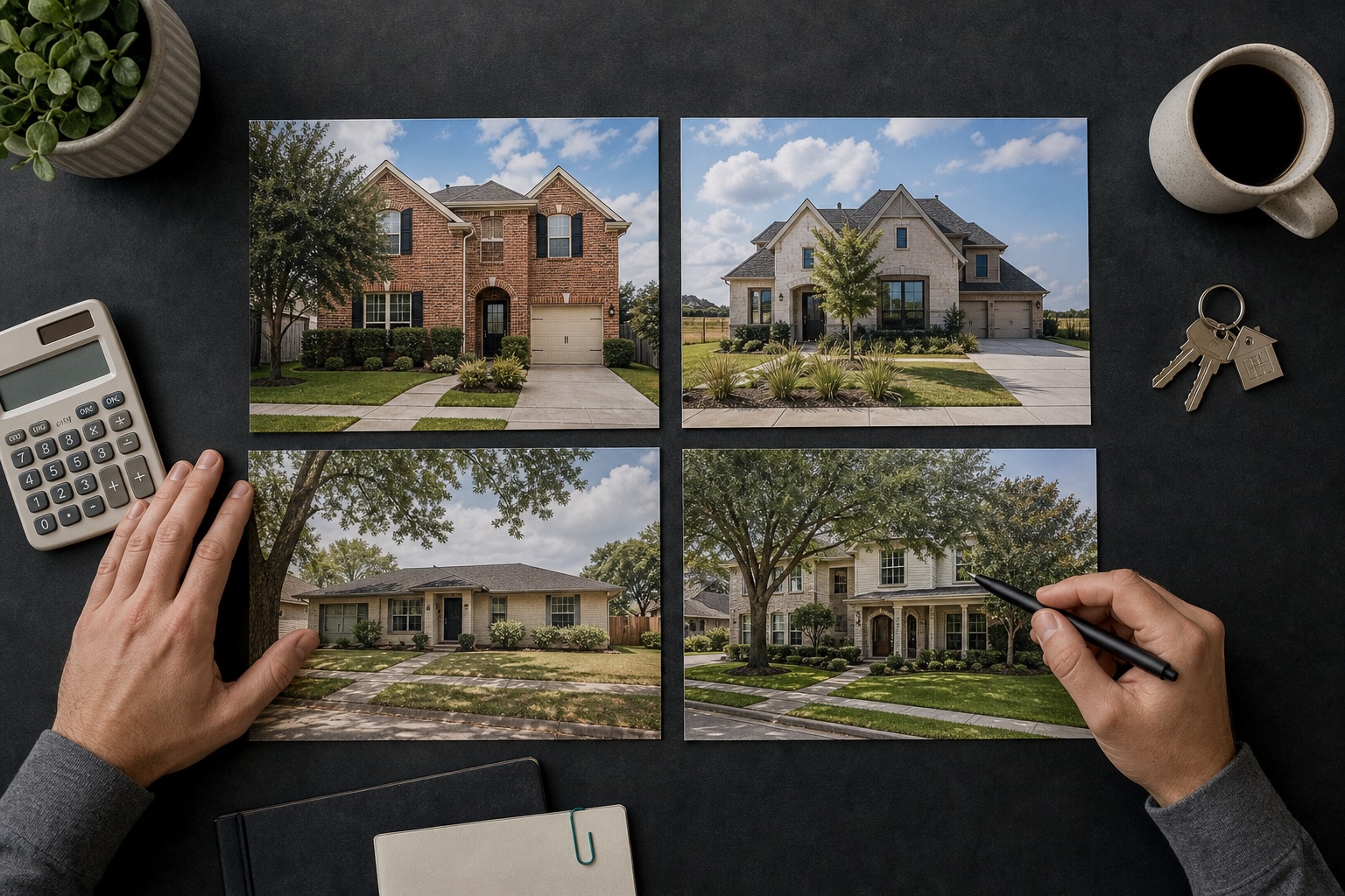 Four Houston-area residential scenes representing Katy, Fulshear, Richmond, and Cypress in a 2026 housing market comparison.