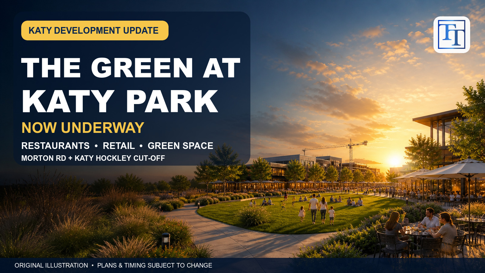 Original editorial illustration of planned restaurants, retail patios and landscaped gathering space for The Green at Katy Park in Katy, Texas.