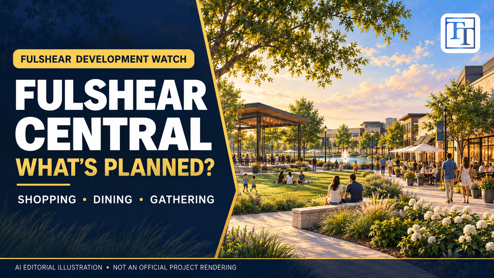 AI editorial illustration for Fulshear Central showing a conceptual retail promenade and gathering green; not an official project rendering.