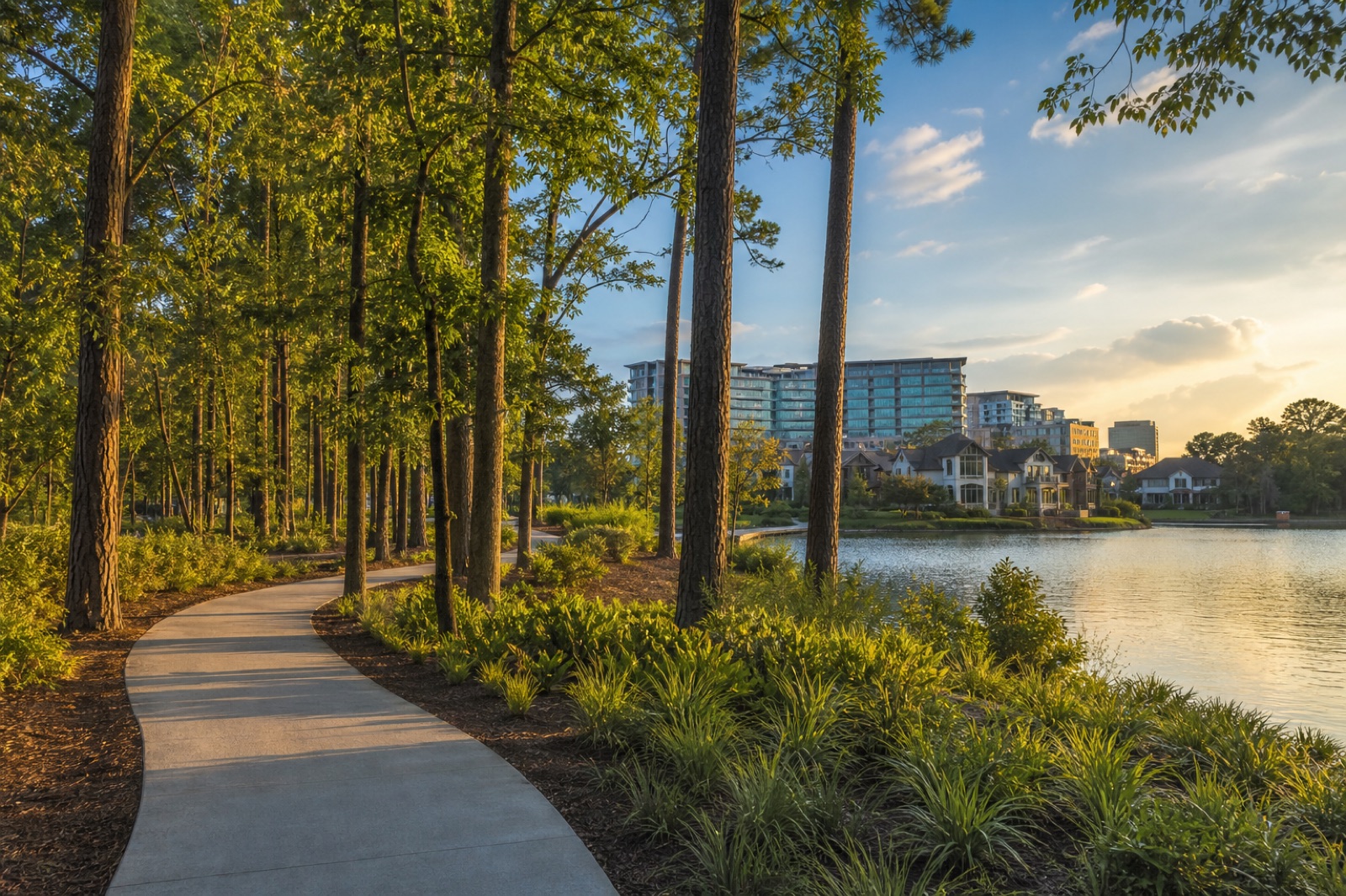 Illustrative overview of The Woodlands with forested paths, water, homes, and mixed-use development.