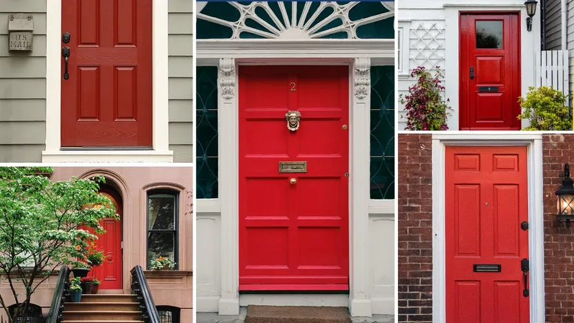 The Strangely Patriotic History Behind Homes With Red Front Doors—and Why You Might Want This Hue, Too By Realtor.com header image.
