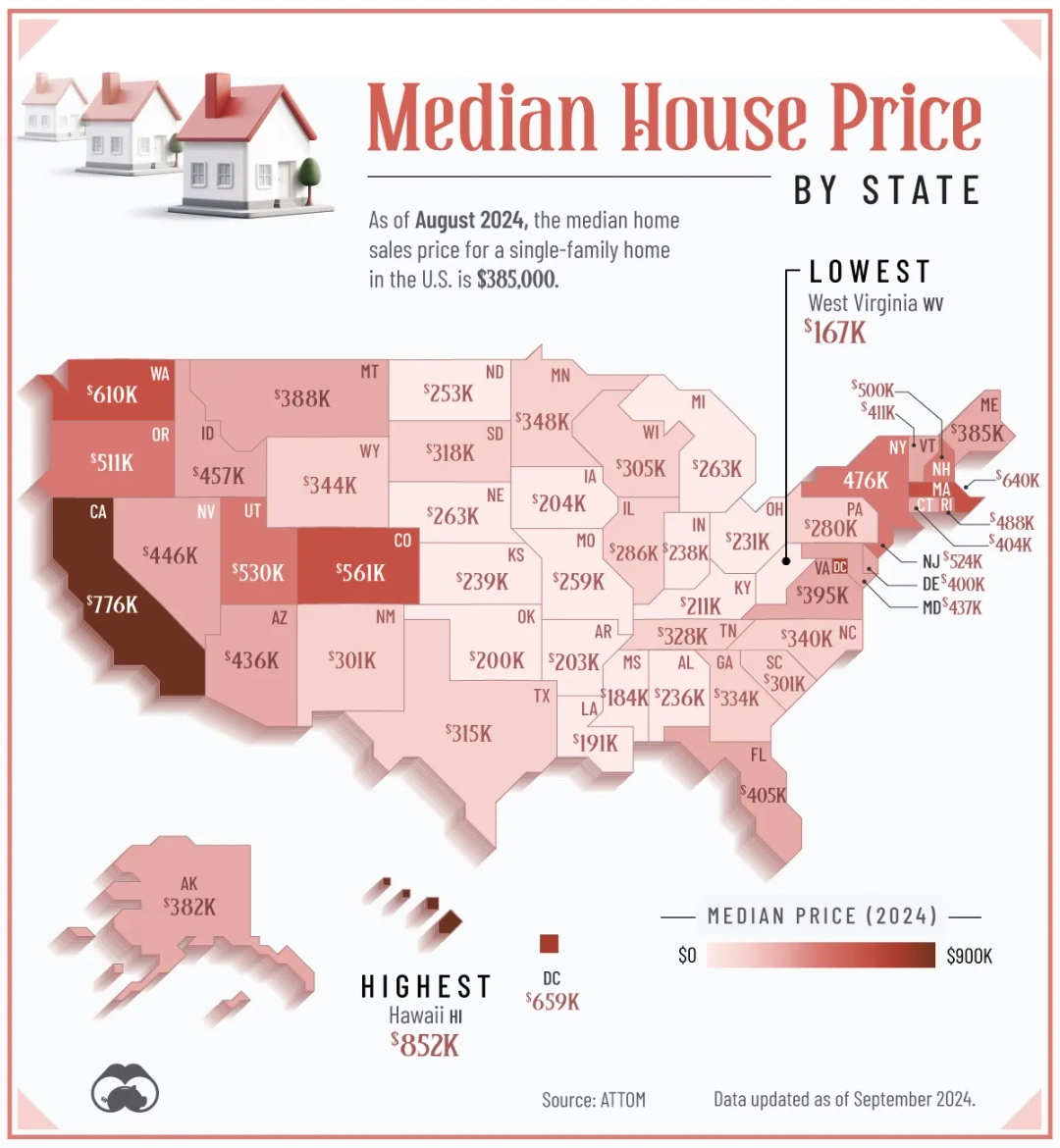 Mapped: Median Home Sale Price by U.S. State By Visual Capitalist header image.