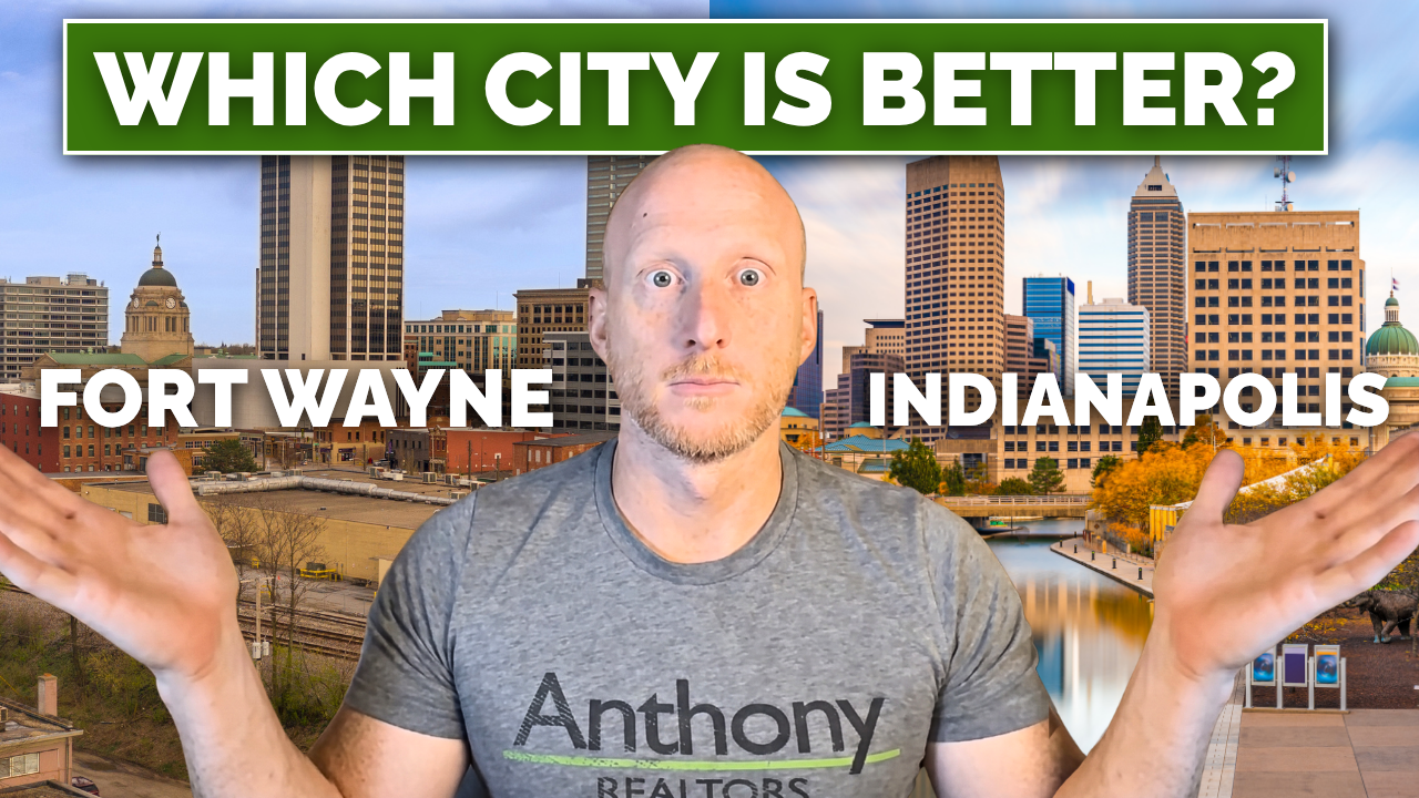 Dave Brough of Anthony REALTORS between the Fort Wayne and Indianapolis skylines, asking which city is better to buy a home