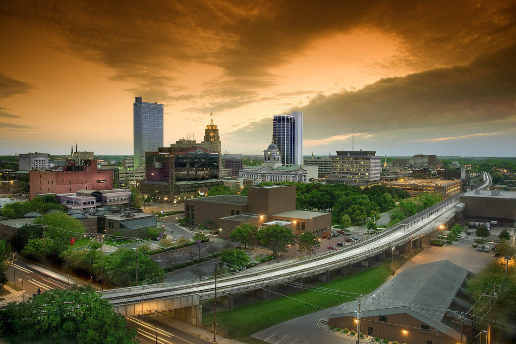 Fort Wayne city skyline at sunset