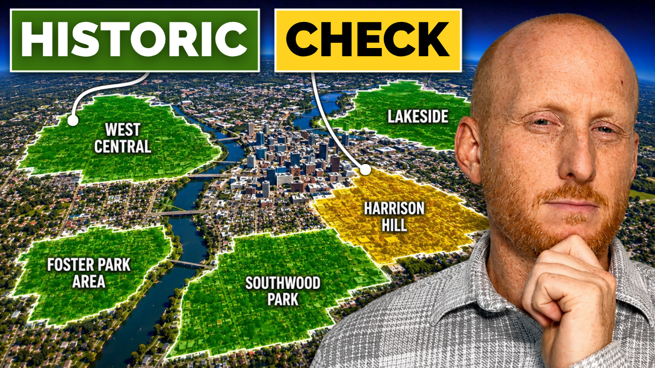 Aerial map of downtown Fort Wayne, Indiana with historic neighborhoods highlighted: West Central, Lakeside, Foster Park Area, Southwood Park, and Harrison Hill in yellow, with Dave Brough of Anthony REALTORS