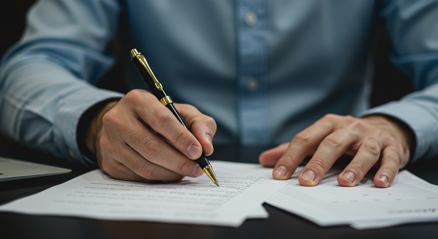 Home offer paperwork, a pen, and house keys on a table