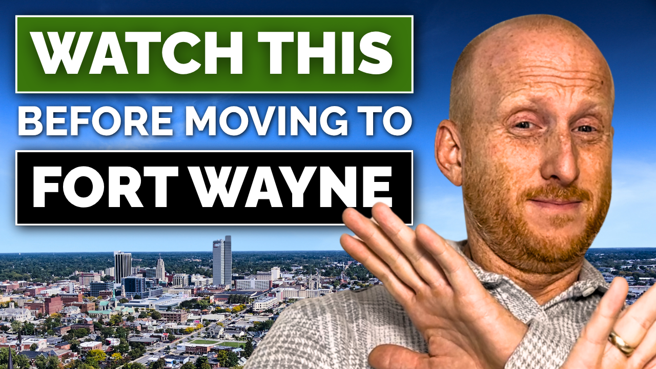 Dave Brough of Anthony REALTORS crossing his hands in front of an aerial view of downtown Fort Wayne, Indiana, with text reading 