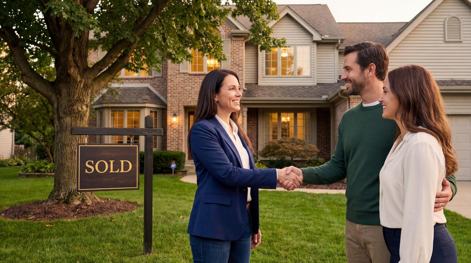 SOLD sign, warm golden light, McHenry County suburban home aesthetic — professional and trust-building. Use as your featured image.