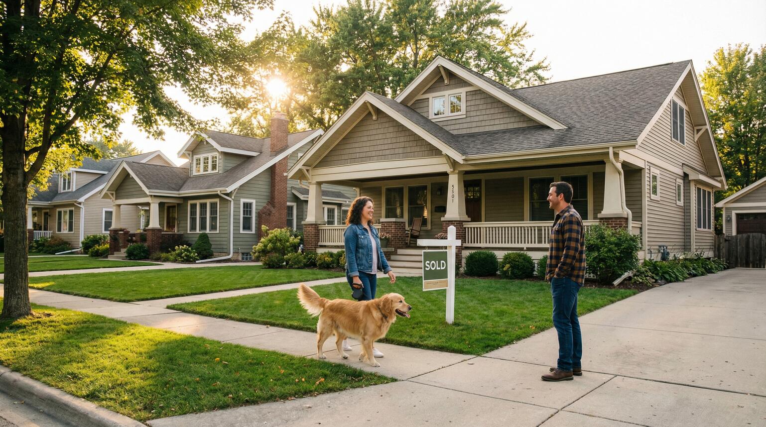 Friendly neighbors chatting on a sidewalk in a safe, tree-lined subdivision in McHenry, IL, representing a welcoming community atmosphere.
