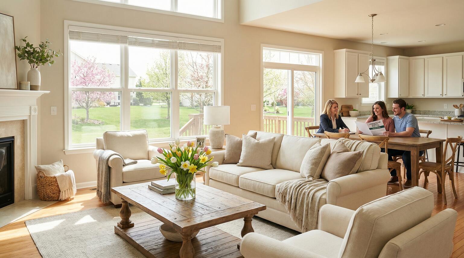 Bright, spring-staged living room in a McHenry, IL home with a real estate agent reviewing a pricing strategy with sellers before listing.