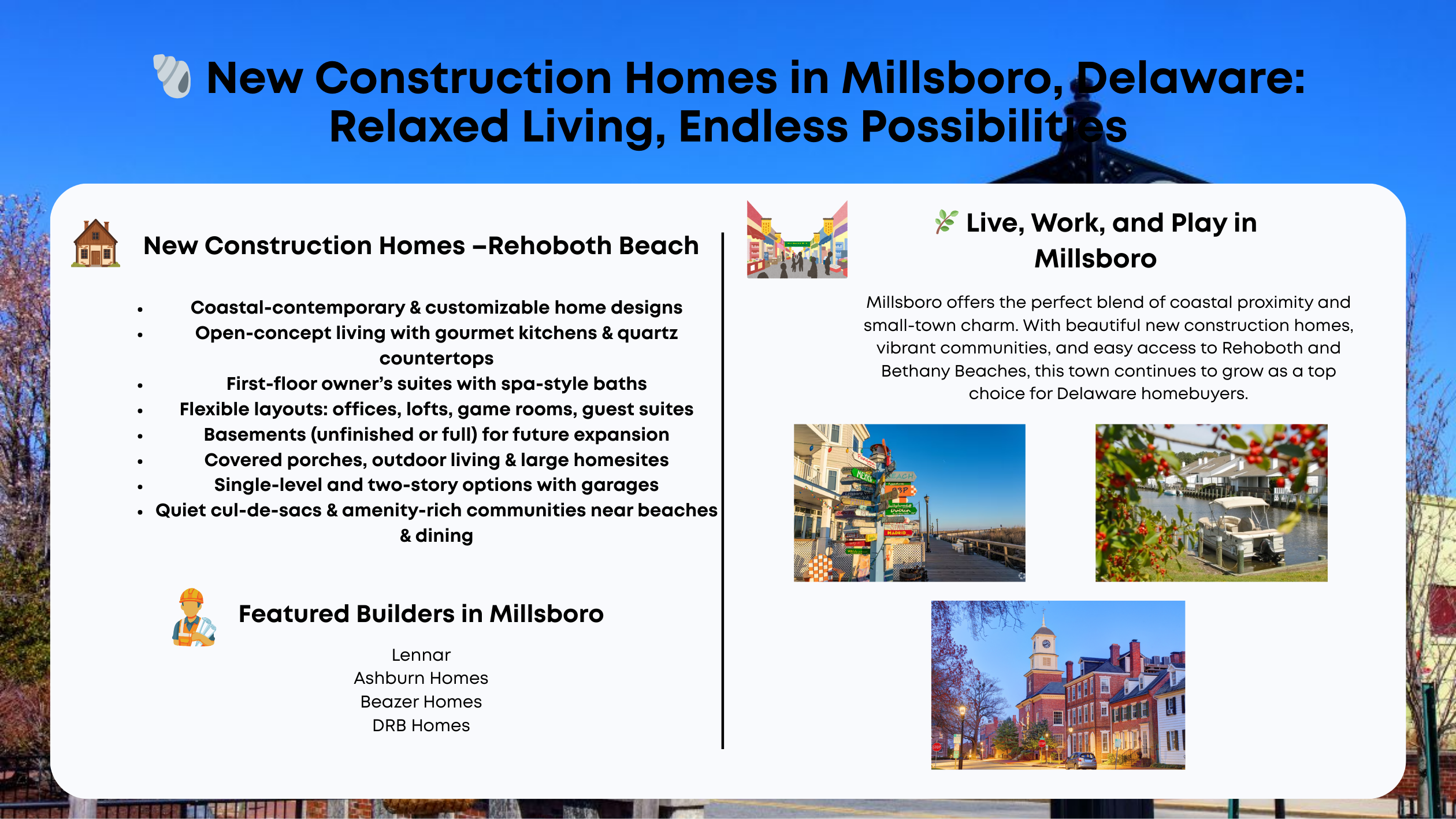 🐚 New Construction Homes in Millsboro, Delaware: Relaxed Living, Endless Possibilities header image.