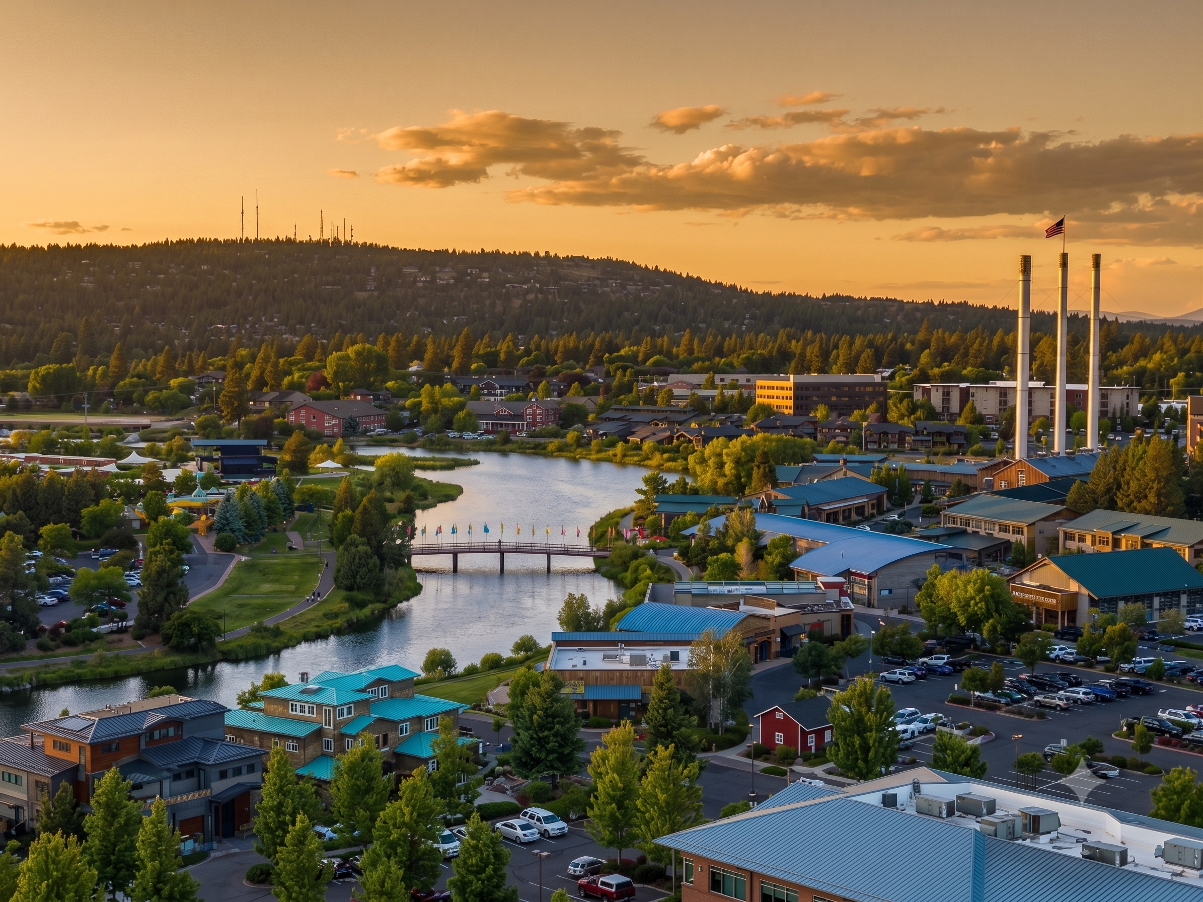 Aerial view of the Old Mill District in Bend Oregon at golden hour — Central Oregon real estate market 2026