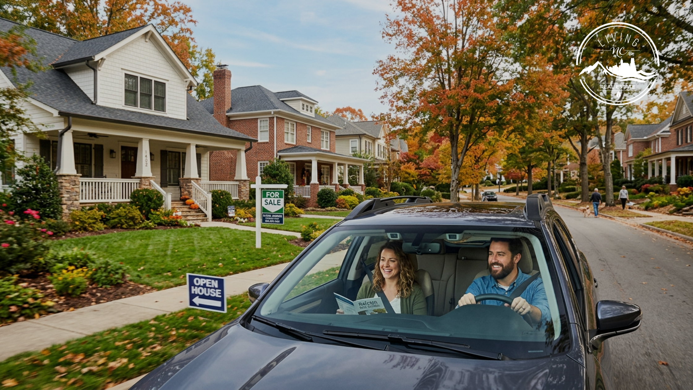 Home buyers exploring a North Carolina neighborhood before deciding where to buy.