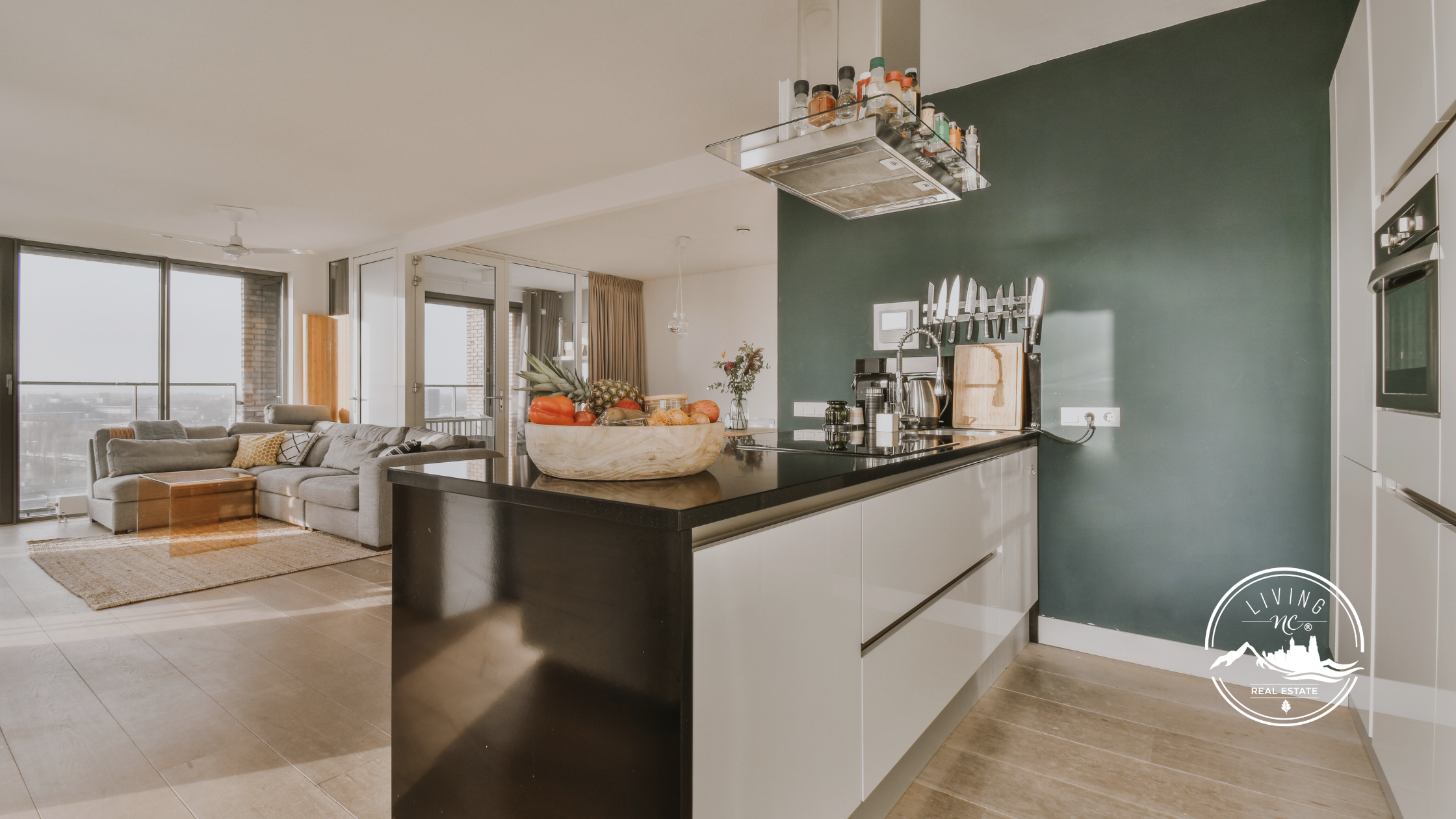 Home buyers touring a beautifully staged home in North Carolina with a real estate agent.