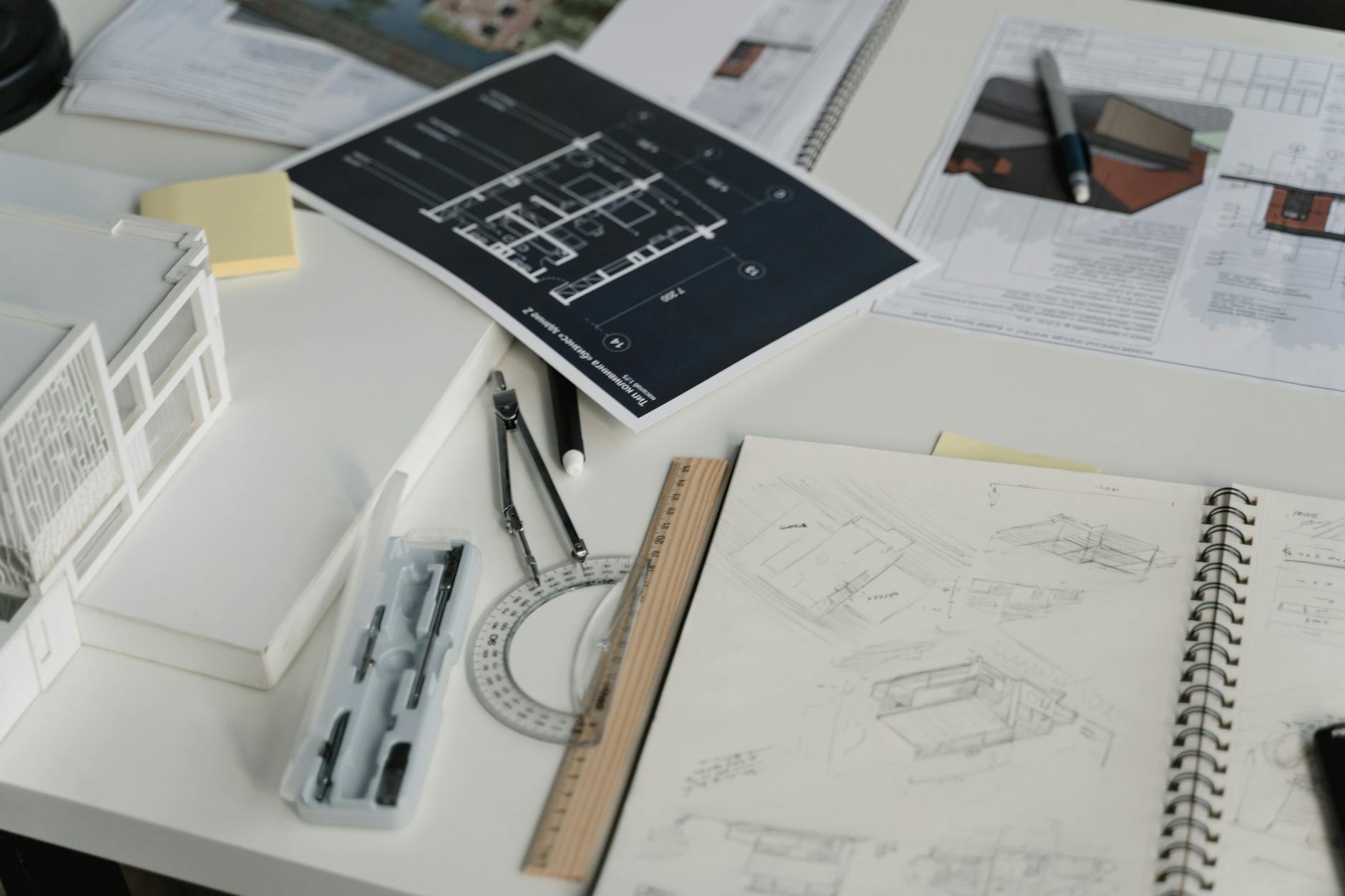 Architectural floor plans, a scale house model, and drafting tools on a planning desk — mapping out a New Hampshire home purchase and financing choice