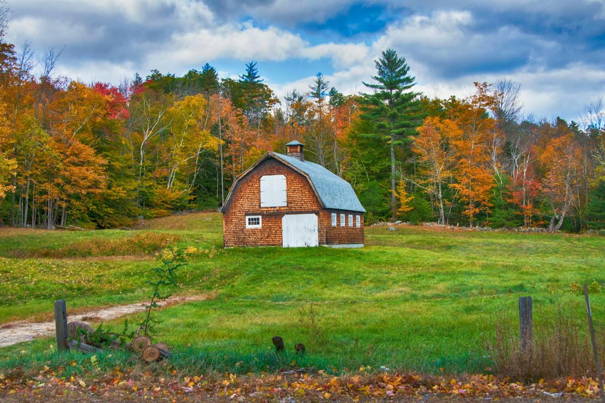 Classic New England shingle-sided gambrel-roof barn in a grassy field framed by autumn trees, the kind of outbuilding a Londonderry NH ADU conversion can turn into living space