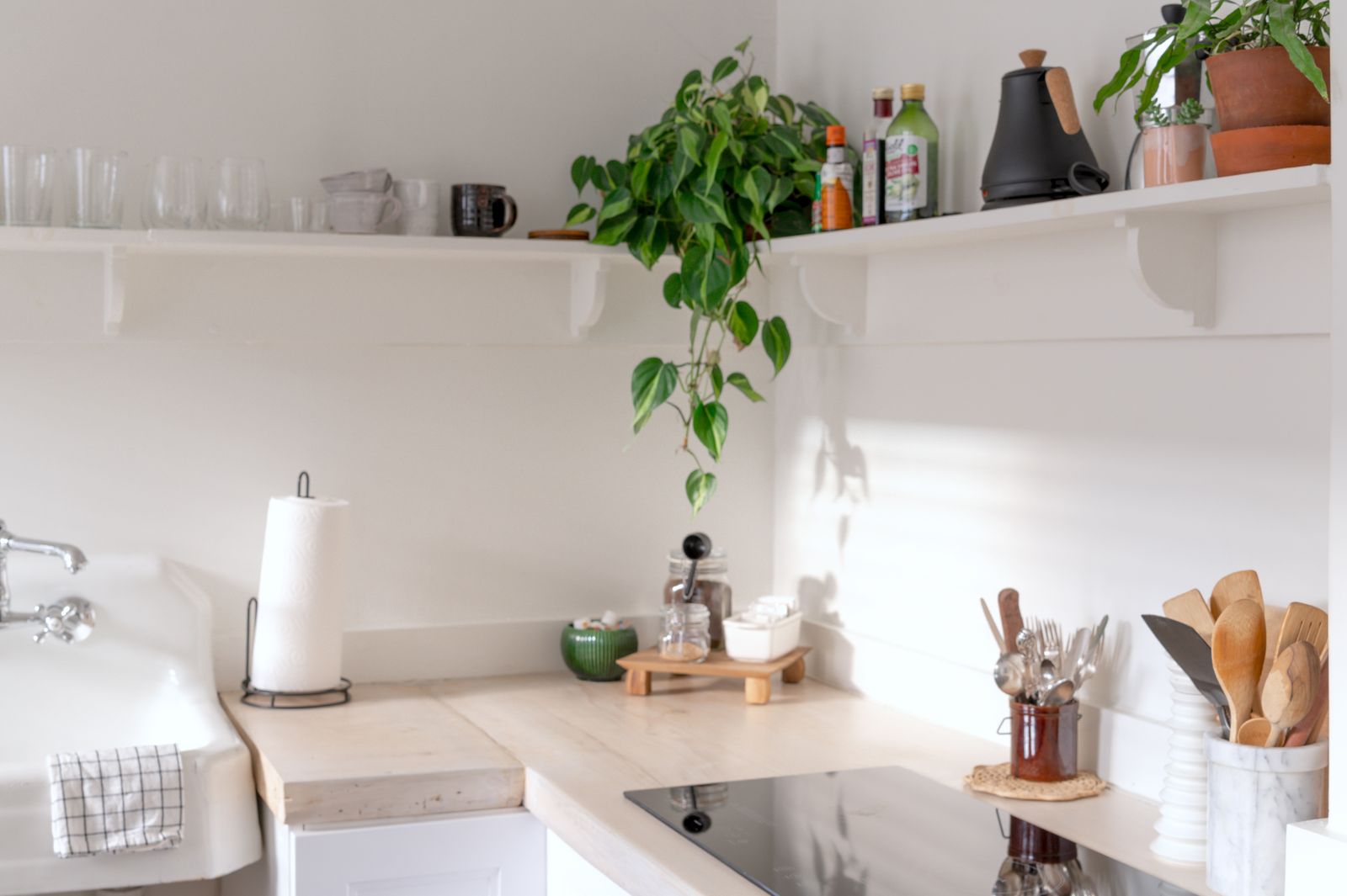Bright white kitchen corner with open shelves and a trailing green plant, a home ready to sell