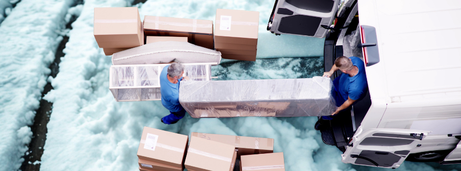 Two people moving boxes into a car with snow on the ground