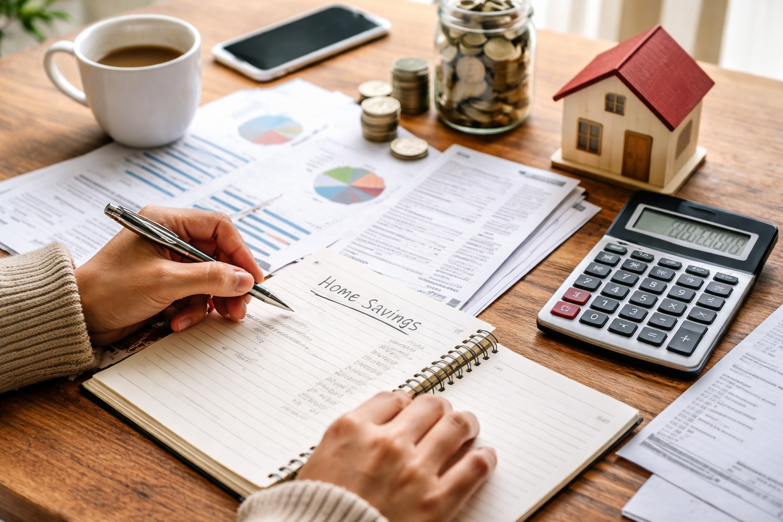 Home Savings planning on a wooden table