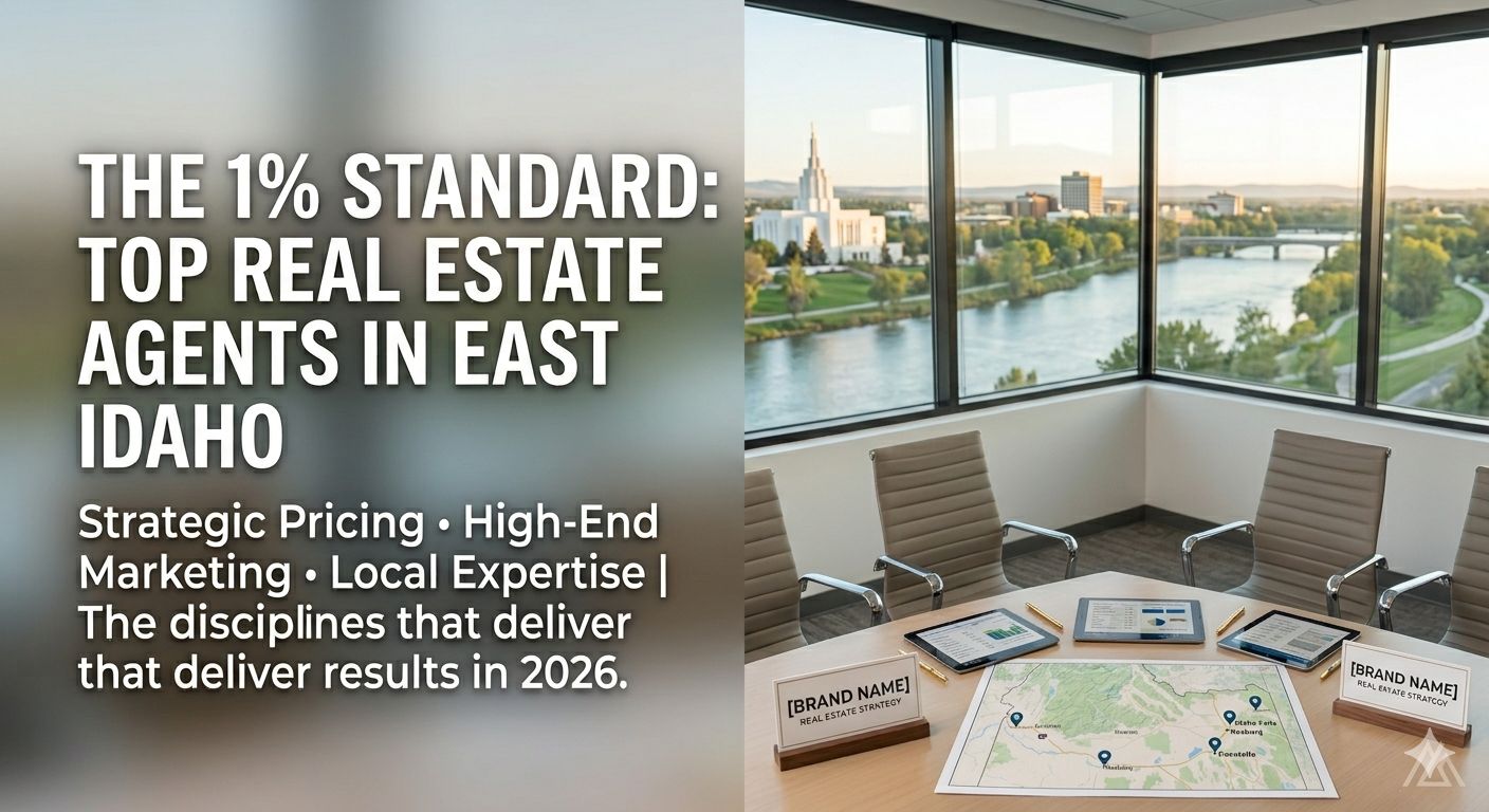 Professional photograph for a blog header featuring a detailed East Idaho topographic map with markers for Idaho Falls, Rexburg, and Pocatello, tablets showing real estate charts, and a large office window view of the Idaho Falls Temple and skyline, with text overlay: 'THE 1% STANDARD: TOP REAL ESTATE AGENTS IN EAST IDAHO'.