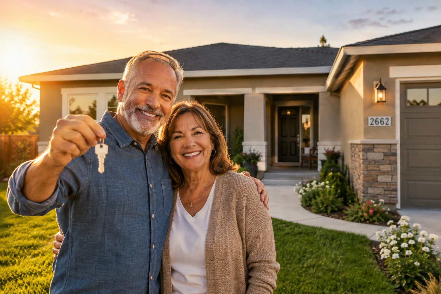 Senior couple standing in front of a modern single-story Central Valley home in California.