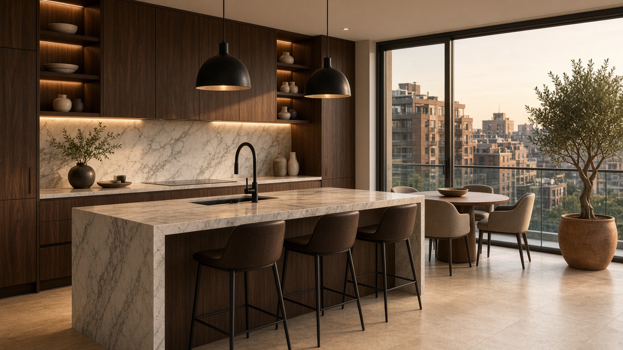 Modern condo kitchen with marble island and city balcony
