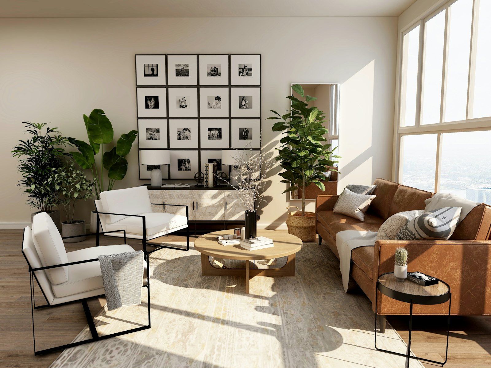 Bright modern living room with a cognac leather sofa, white accent chairs, indoor plants, and floor-to-ceiling windows overlooking the city