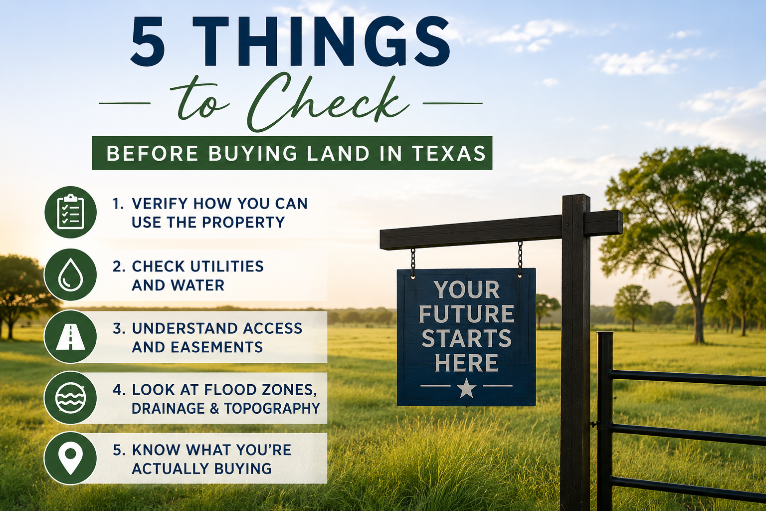 5 Things to Check Before Buying Land in Texas header image.