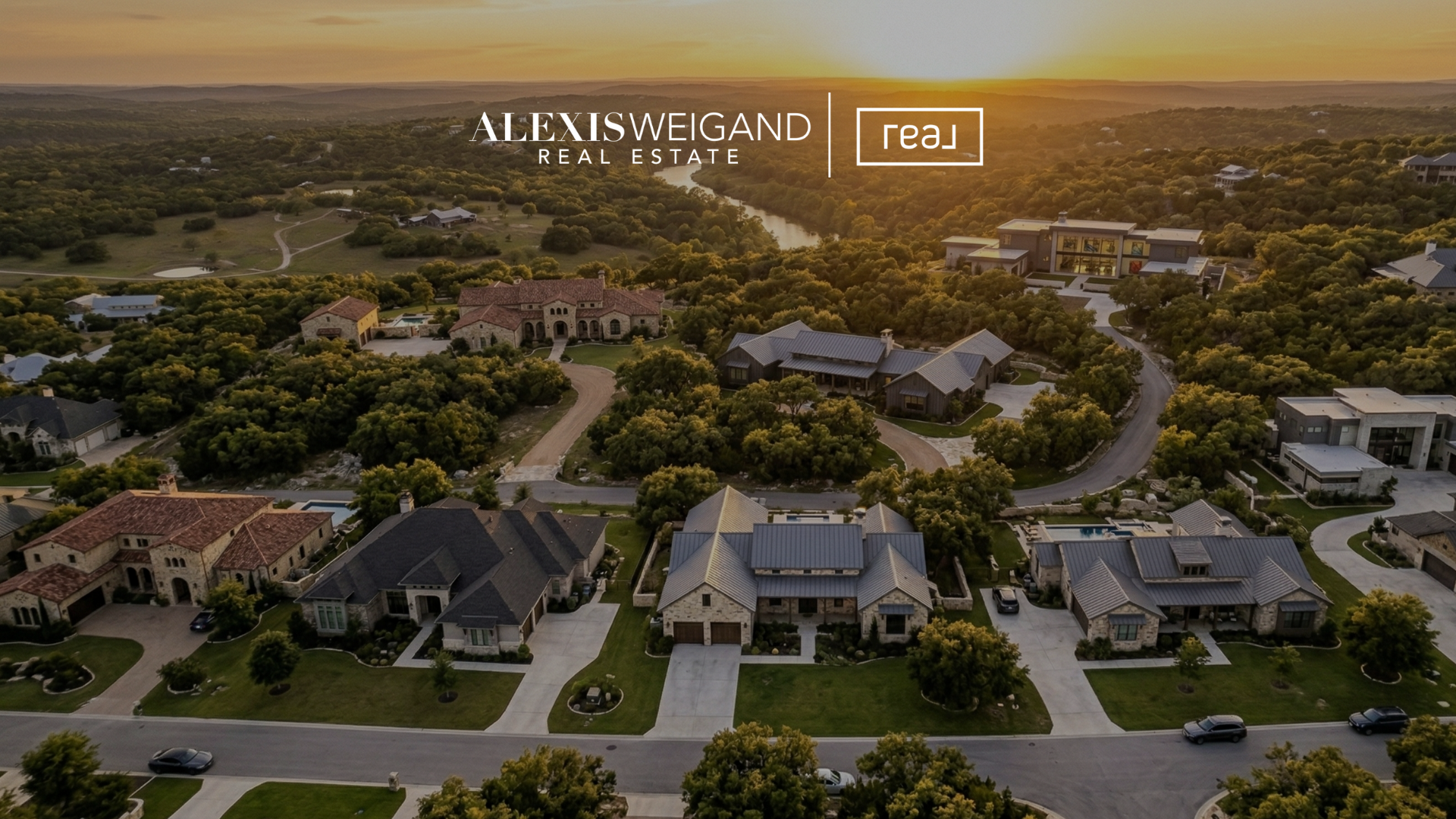 Aerial view of luxury homes in Boerne TX 78006 at sunset showcasing Texas Hill Country estates and gated communities.