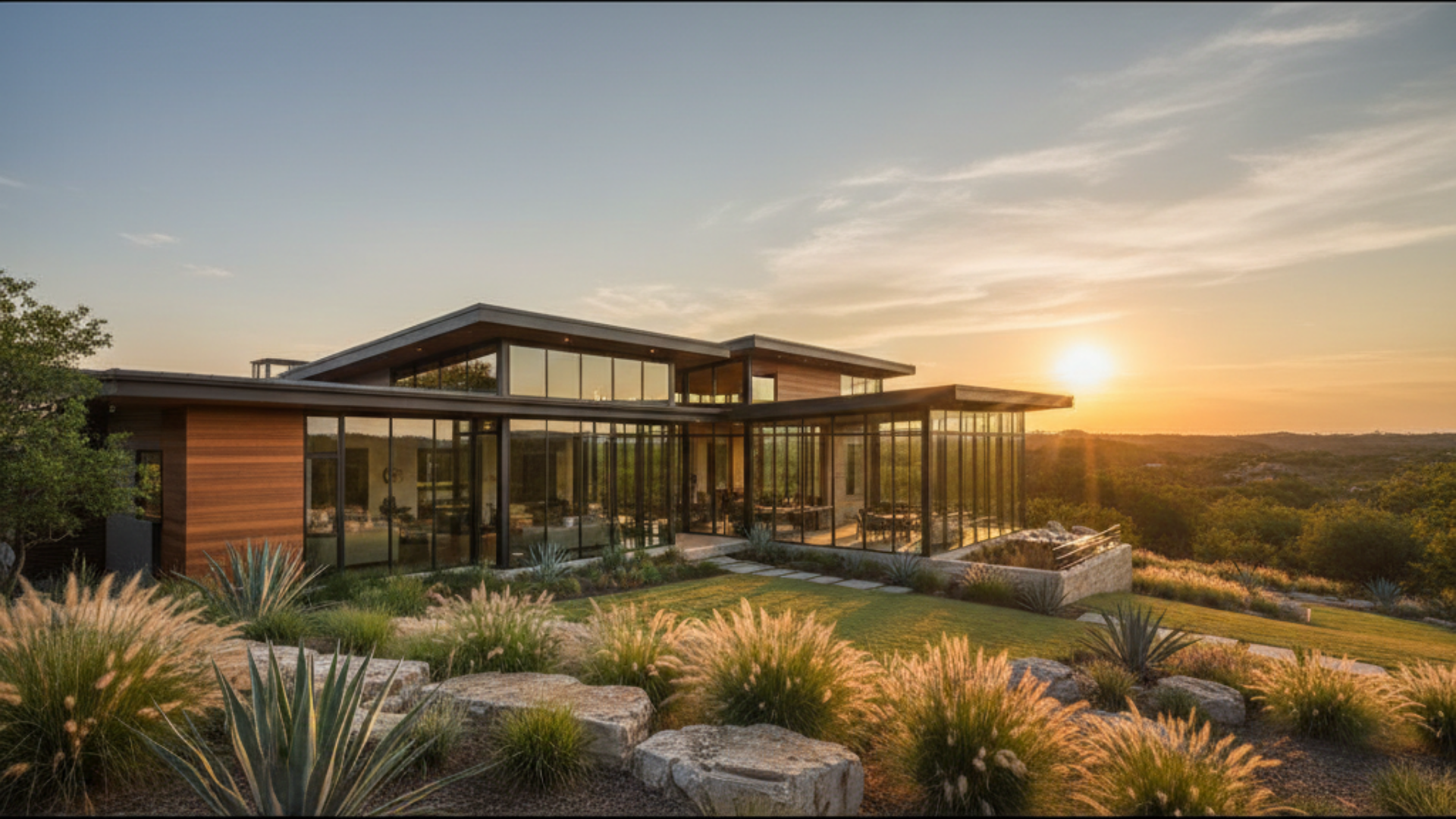 Modern luxury home in Boerne Texas Hill Country with floor-to-ceiling windows, sunset views, and landscaped outdoor living space in 78006.