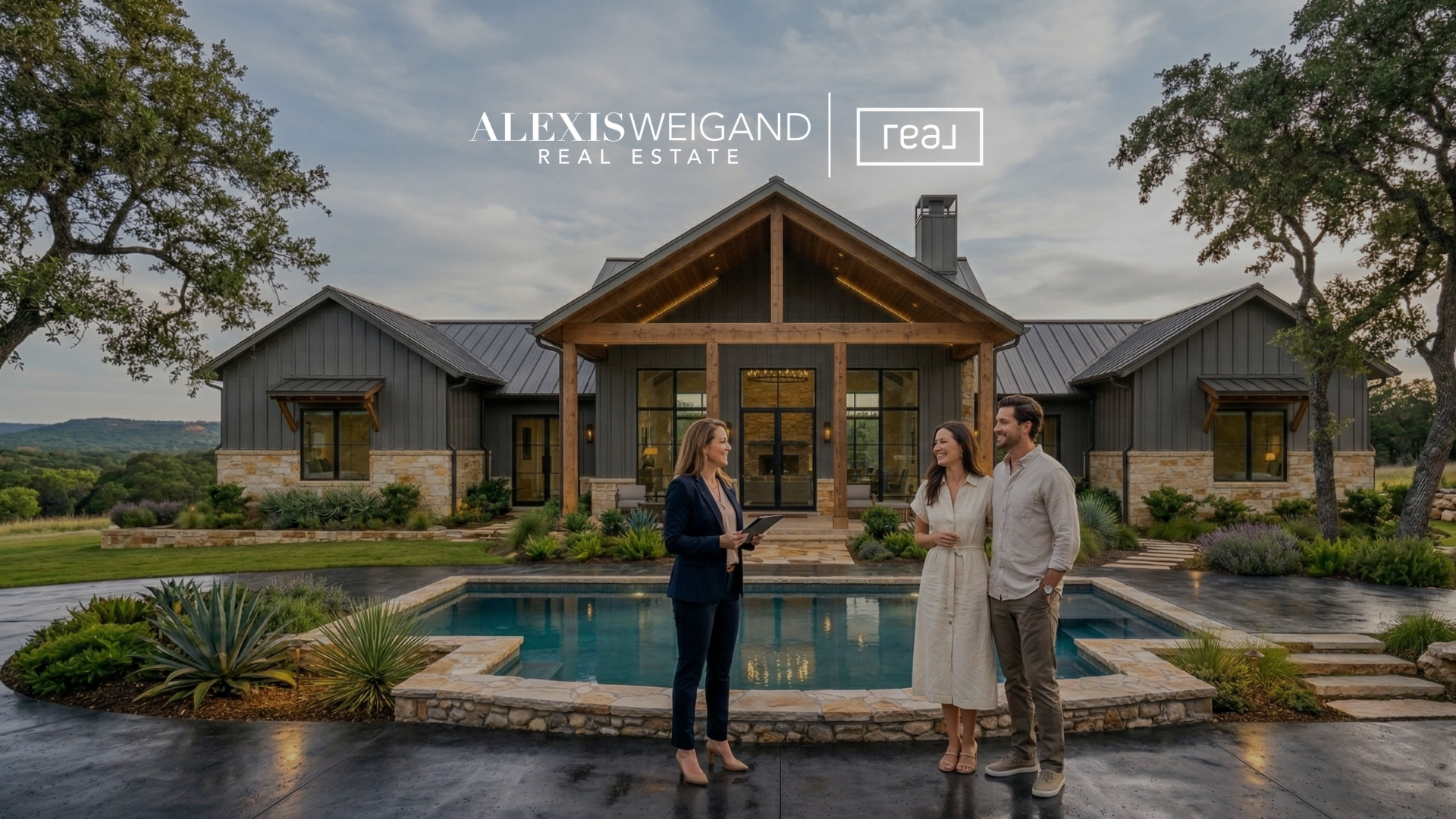 Boerne TX luxury real estate agent meeting with buyers in front of a modern Hill Country home with pool in 78006.