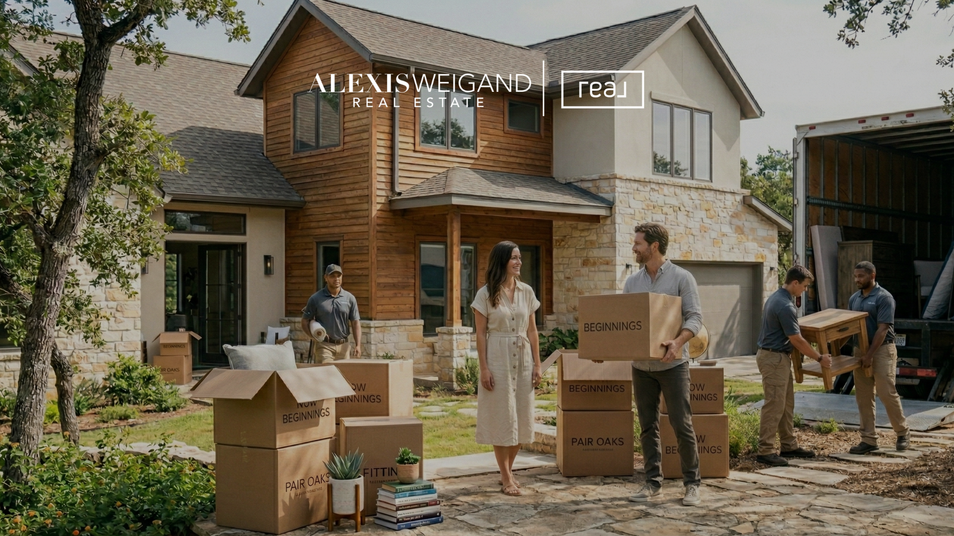 Couple moving into a luxury home in Fair Oaks Ranch TX with moving boxes and Hill Country residence in 78015.