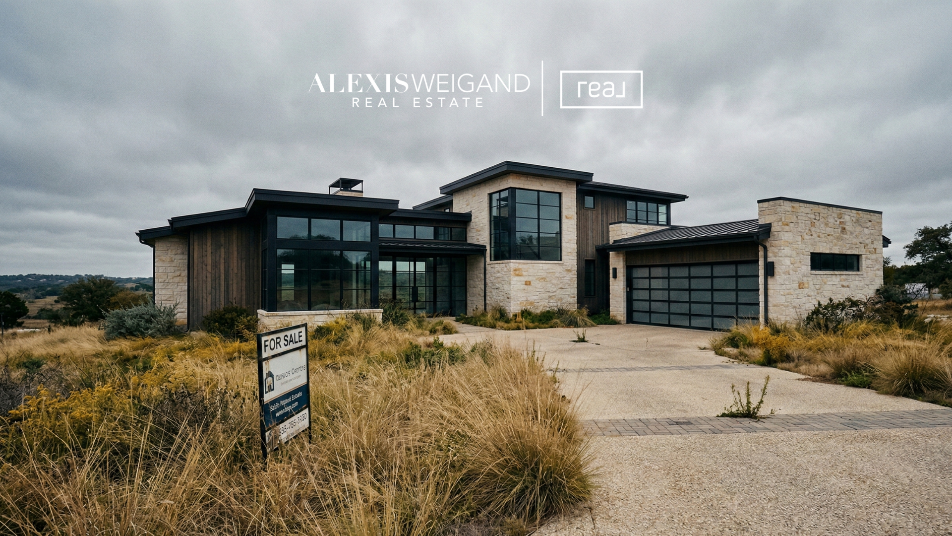 Modern luxury home for sale in Boerne TX with Hill Country views and real estate sign in 78006.