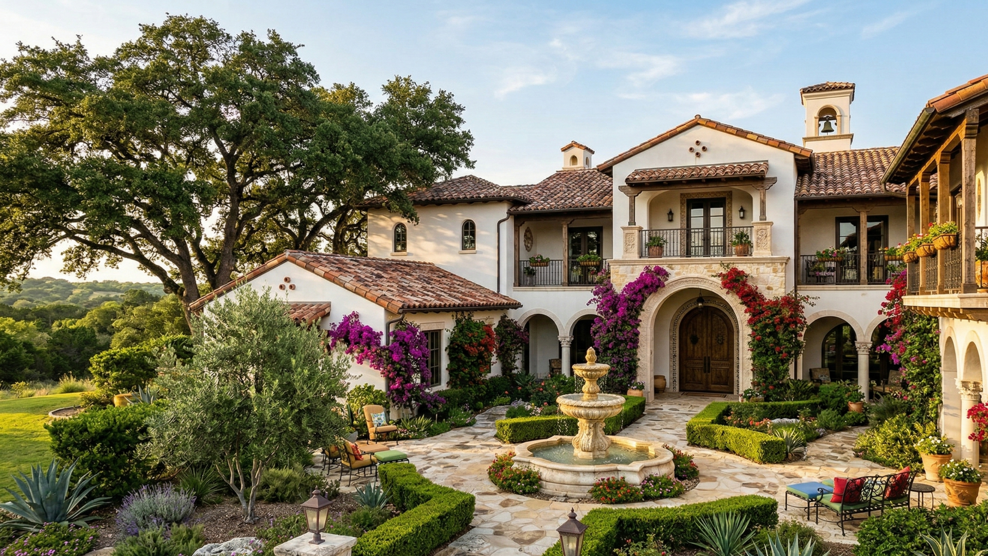 Luxury Mediterranean estate home in Boerne TX with courtyard fountain and Hill Country views in a gated 78006 community.