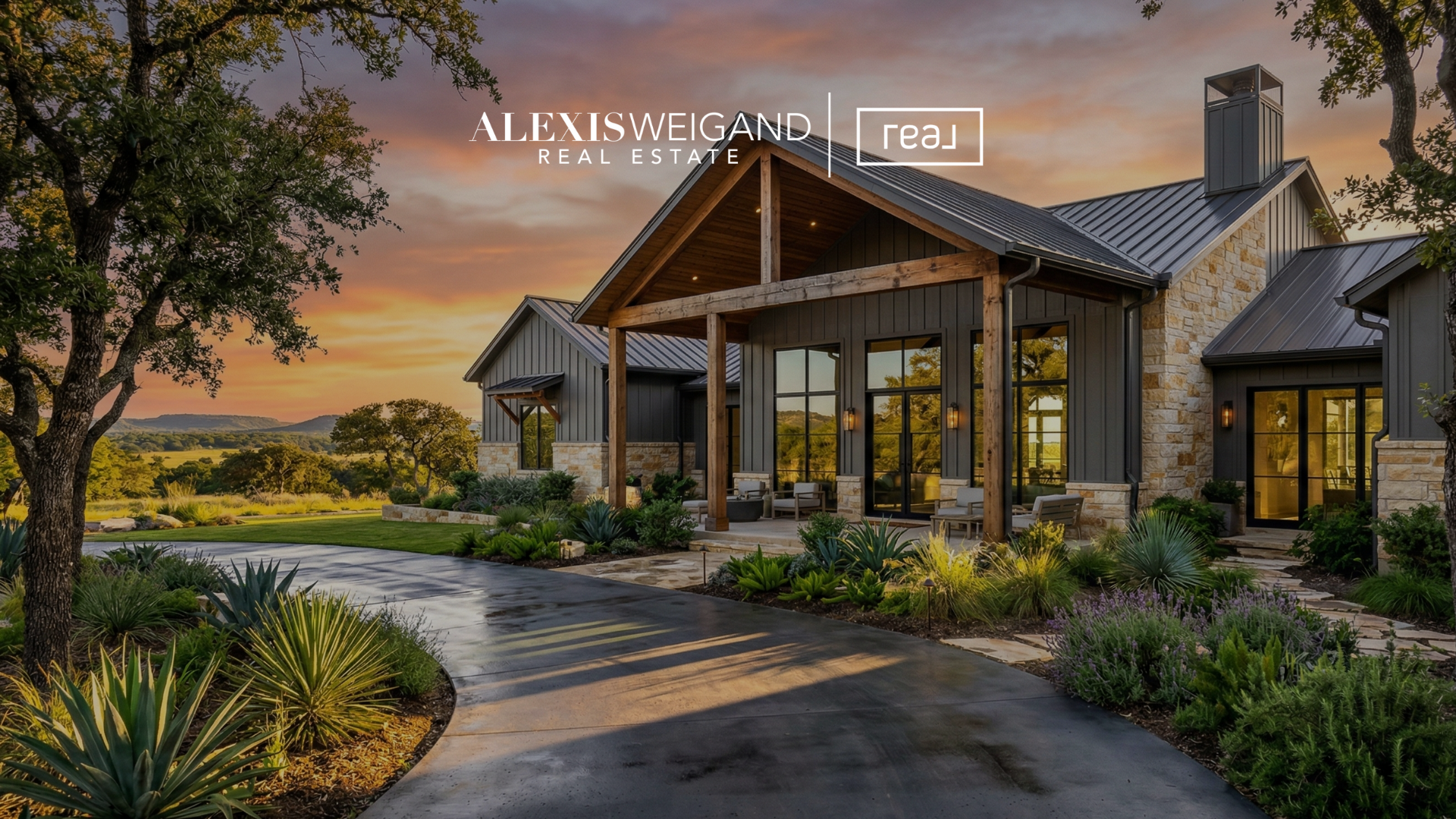 Modern luxury home in Boerne TX with limestone exterior, metal roof, covered patio, and Hill Country sunset views in 78006.