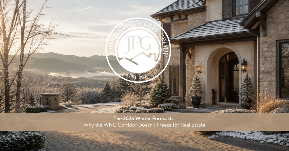 Johnson Property Group branded winter market graphic showing a warm inviting WNC home exterior with soft winter light, mountain surroundings, and a polished real estate forecast feel.