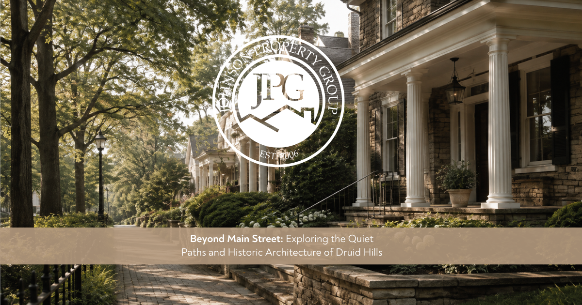 Johnson Property Group branded neighborhood spotlight graphic showing a quiet Hendersonville street with mature trees, historic homes, soft natural light, and refined architectural charm.