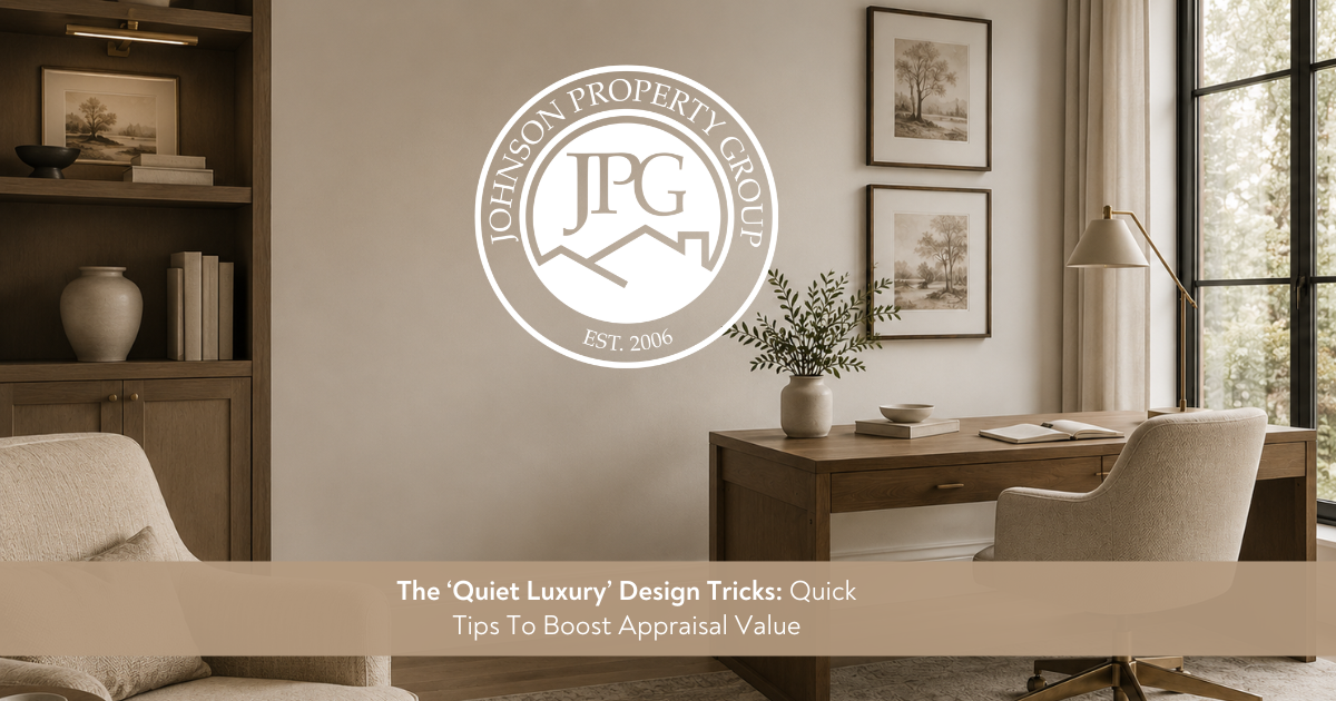 Elegant neutral living room with soft natural light, warm textures, refined finishes, and Johnson Property Group branding, representing quiet luxury design for home value.