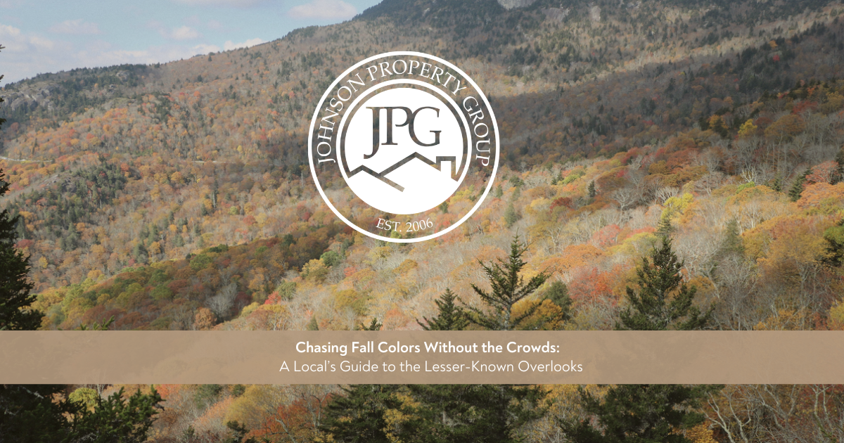  Johnson Property Group branded fall lifestyle graphic showing a quiet Western North Carolina overlook with autumn trees, soft mountain light, and an elevated local guide feel.