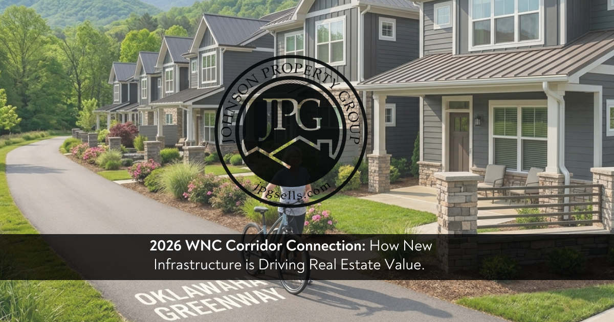 Aerial photo of maintenance-free homes at The Townes at Martha Kate, showing direct access to the Oklawaha Greenway in the Asheville-Hendersonville corridor, optimizing for 2026 lock-and-leave WNC real estate search.
