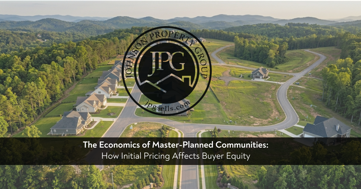 Aerial drone view of a master-planned community in Western North Carolina during golden hour, illustrating the progression of phase-based construction from completed luxury homes to newly graded infrastructure sites against a Blue Ridge Mountain backdrop