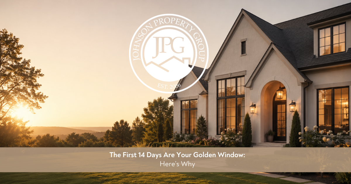Front of the home situated on a mountain lot with a large tree and sunset in the corner. Johnson Property Group Logo