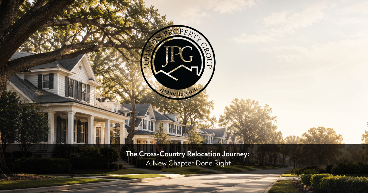 Johnson Property Group branded graphic showing a warm neutral home interior with moving boxes, natural light, and an elevated real estate lifestyle feel, representing a cross-country move to Western North Carolina.