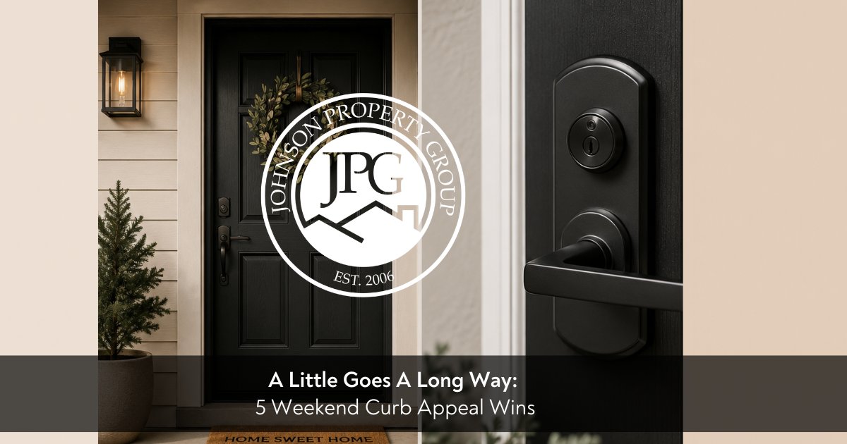 Split-image blog graphic showing a welcoming black front door with a wreath, porch light, potted greenery, and doormat on the left, with a close-up of a modern black door handle and lock on the right. Text overlay reads, “A Little Goes A Long Way: 5 Weekend Curb Appeal Wins.”