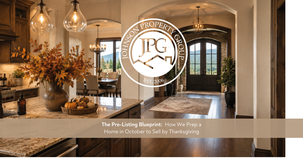 Johnson Property Group branded pre-listing graphic showing a warm, polished WNC home interior with a checklist, soft autumn light, and refined neutral styling, representing October home preparation before a fall sale.
