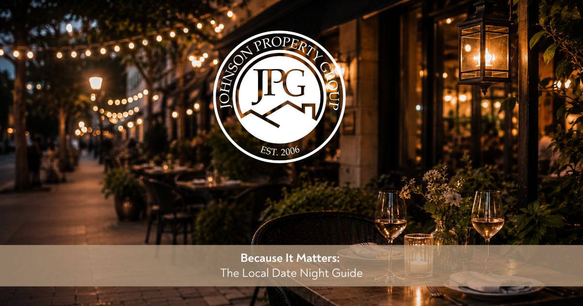 A dark, moody outdoor scene in a small town with string lights and cafe tables. Includes a title: Because It Matters: The Local Date Night Guide
