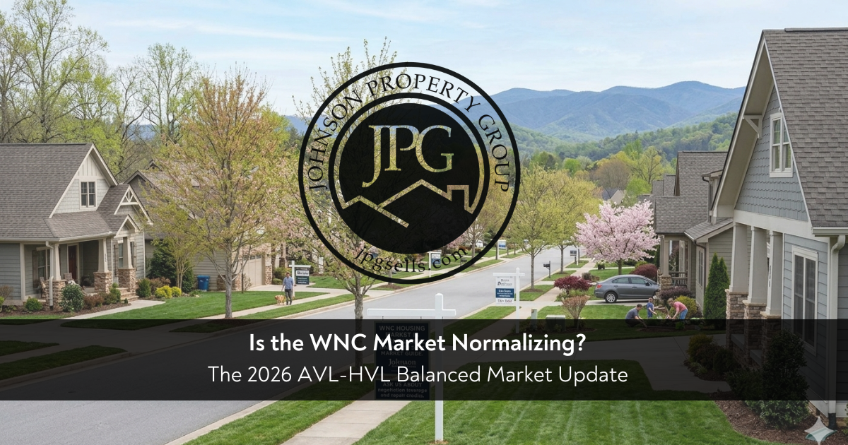 Local street view in Arden, NC, featuring multiple real estate signs, with Johnson Property Group’s sign highlighting the 2026 WNC Balanced Market Guide, indicating a normalizing housing market in the Asheville-Hendersonville corridor.