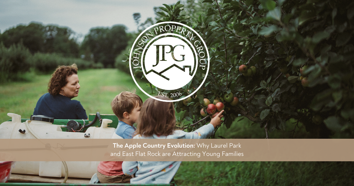 Johnson Property Group branded community spotlight graphic showing a warm Henderson County neighborhood scene with apple country influence, family-friendly charm, and soft mountain light.