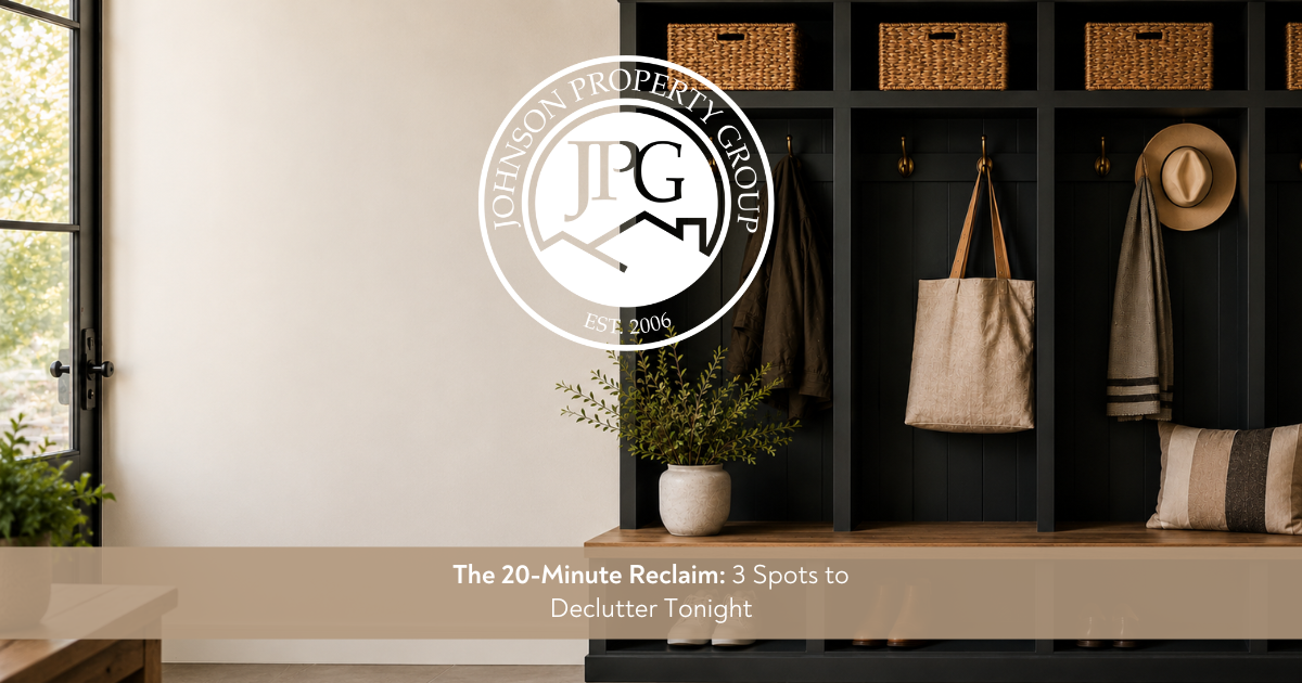 Title page with The 20-Min Reclaim: 3 Spots to Declutter Tonight in front of dark mudroom, hero graphic, and johnson property group logo.